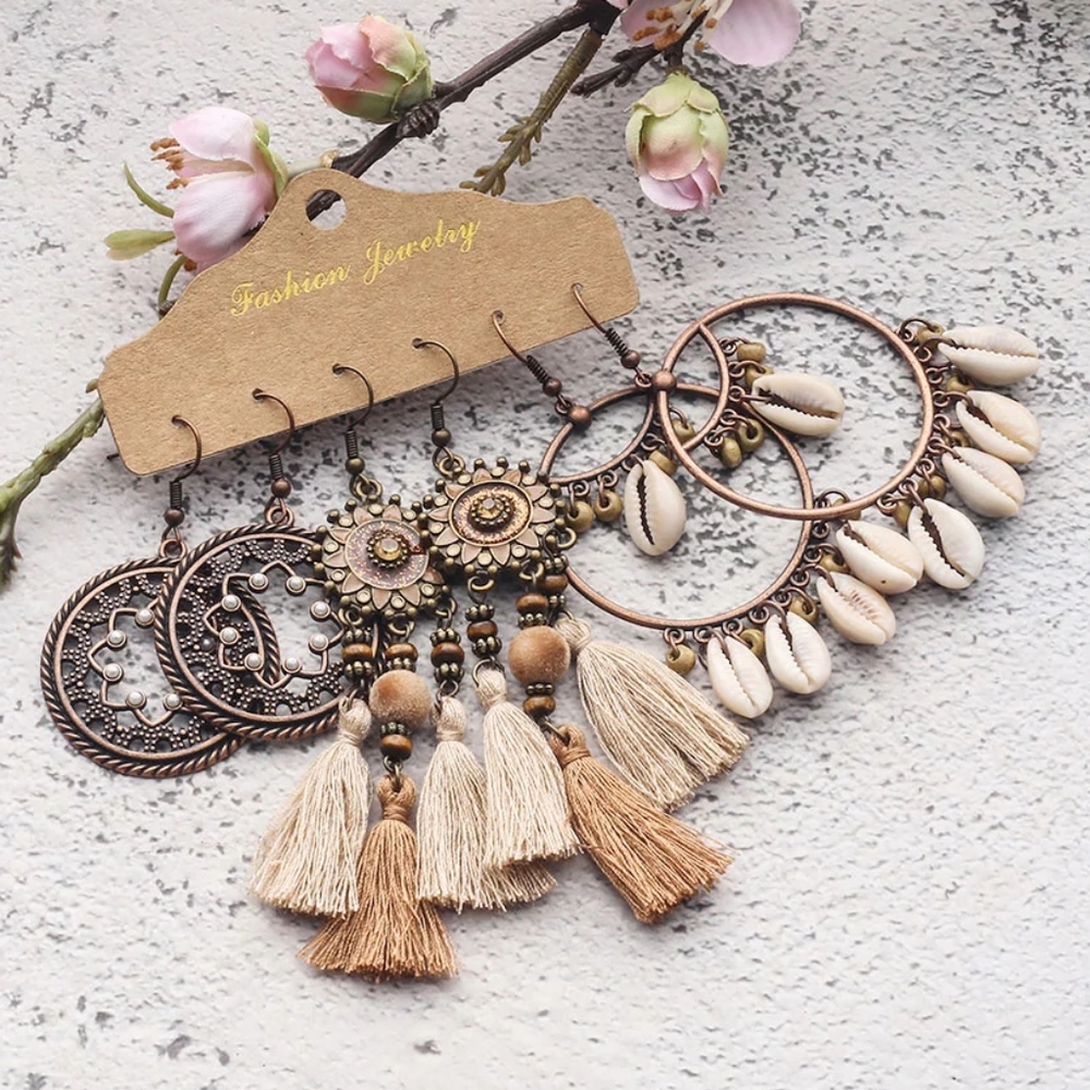 3 Pair Set Tribal Bohemian Dangle Earrings